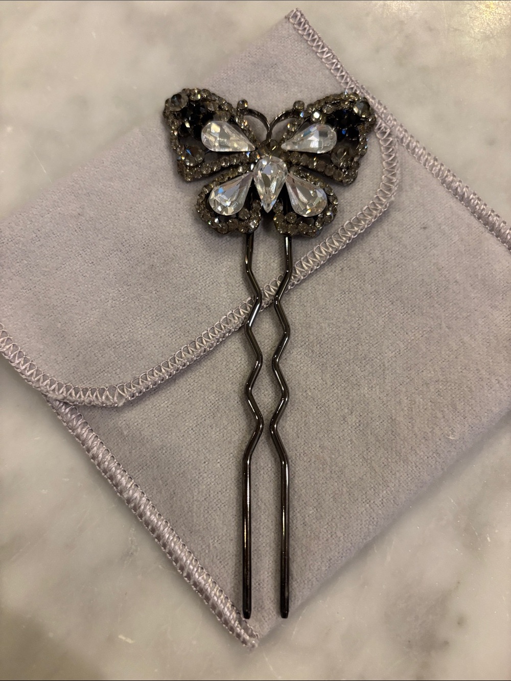 Butterfly Crystal Hair Pin in Clear and Gunmetal